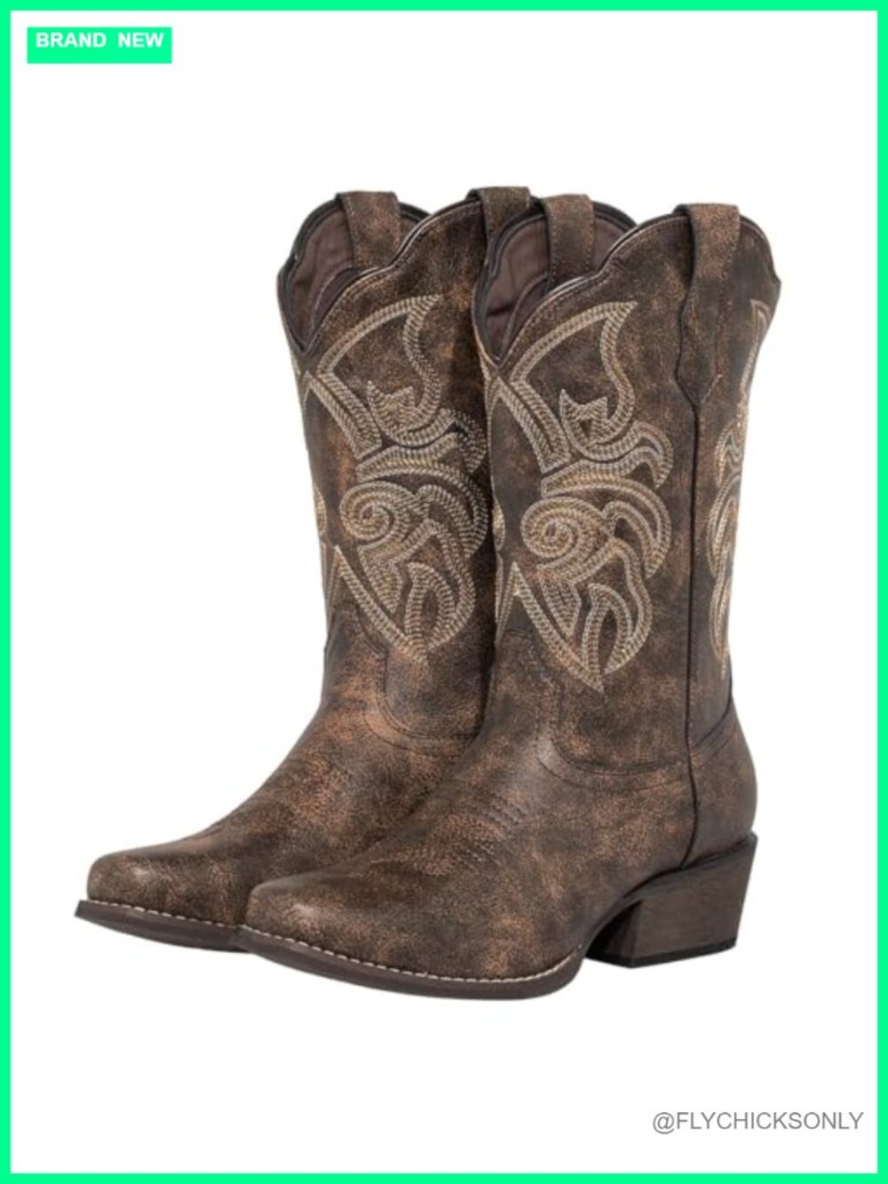 Wide Calf Square Toe Cowboy Boots Faux Leather Floral Cuff Mid-Calf